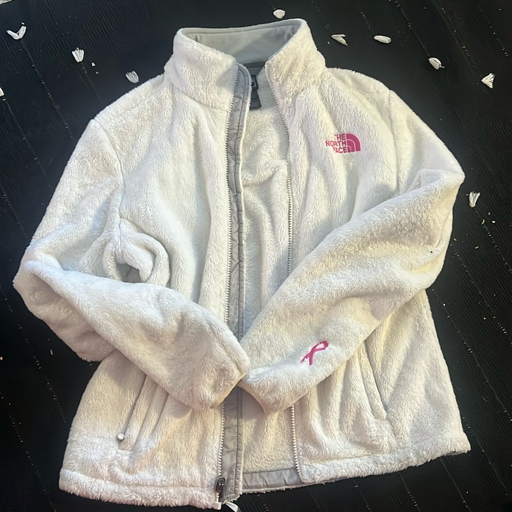 White fuzzy north face zip up - breast cancer awareness version - size S